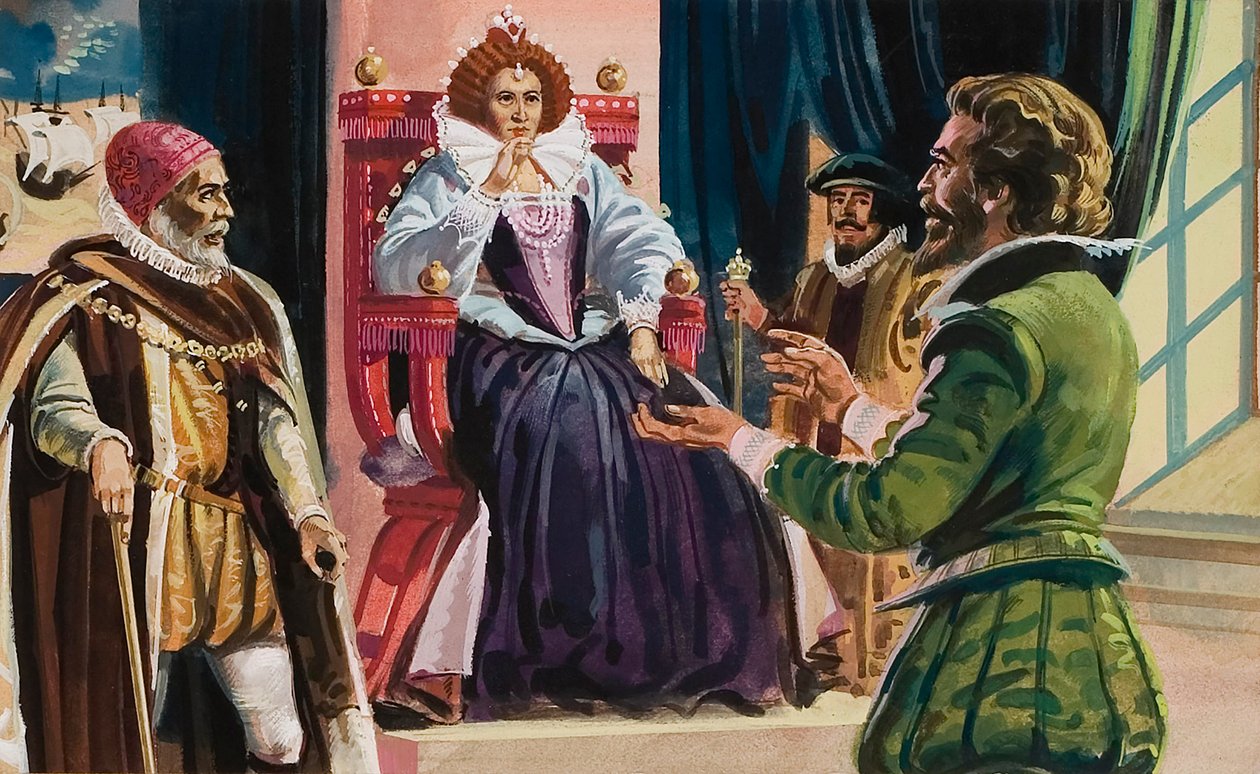 Królowa Elżbieta I (1533-1603) i Sir Francis Drake (1540-96) (gwasz na papierze) autorstwa English School