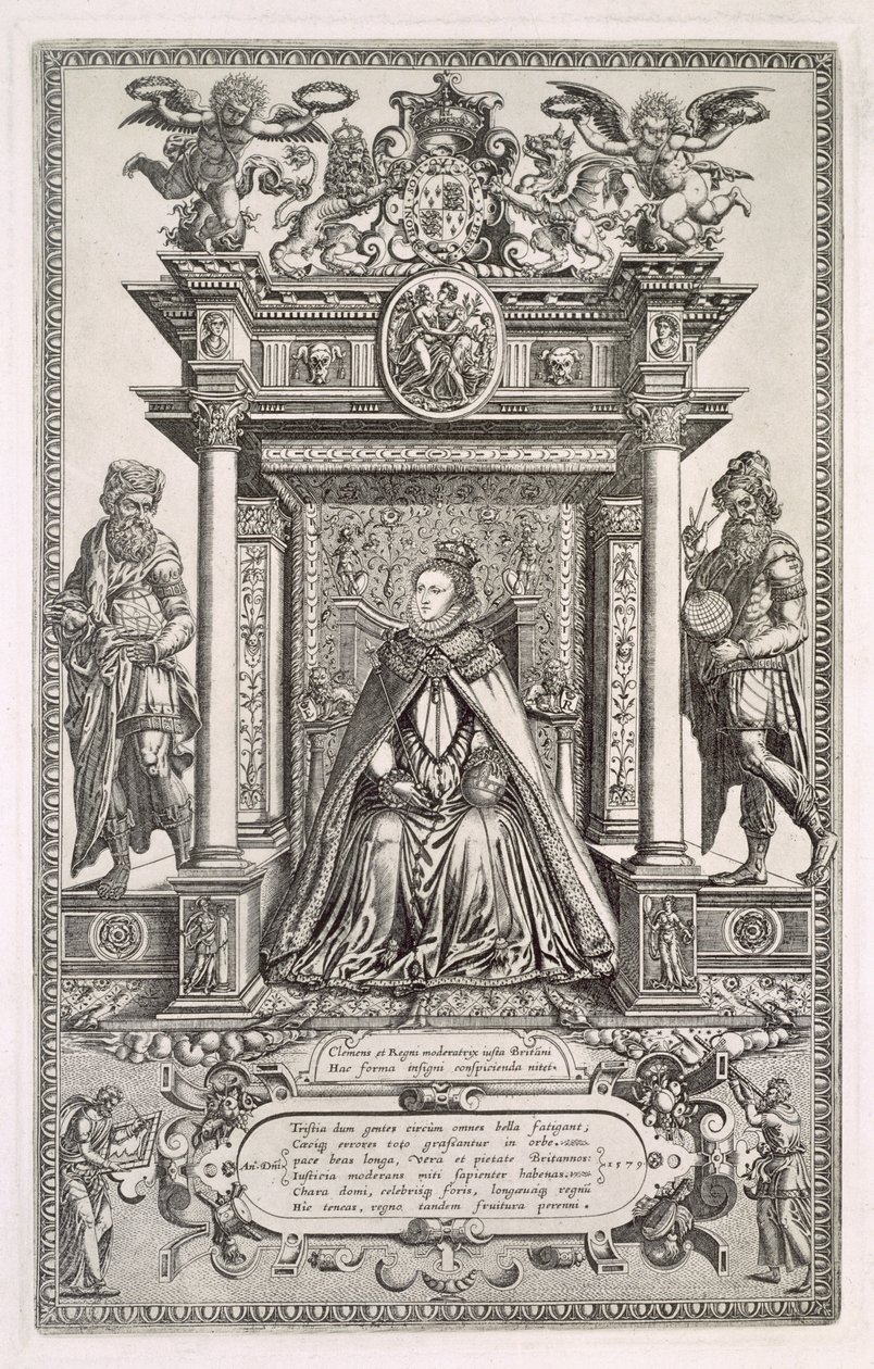 Królowa Elżbieta I (1533-1603) jako patronka geografii i astronomii, Frontispiece do księgi Saxon Maps of England, 1579 autorstwa English School