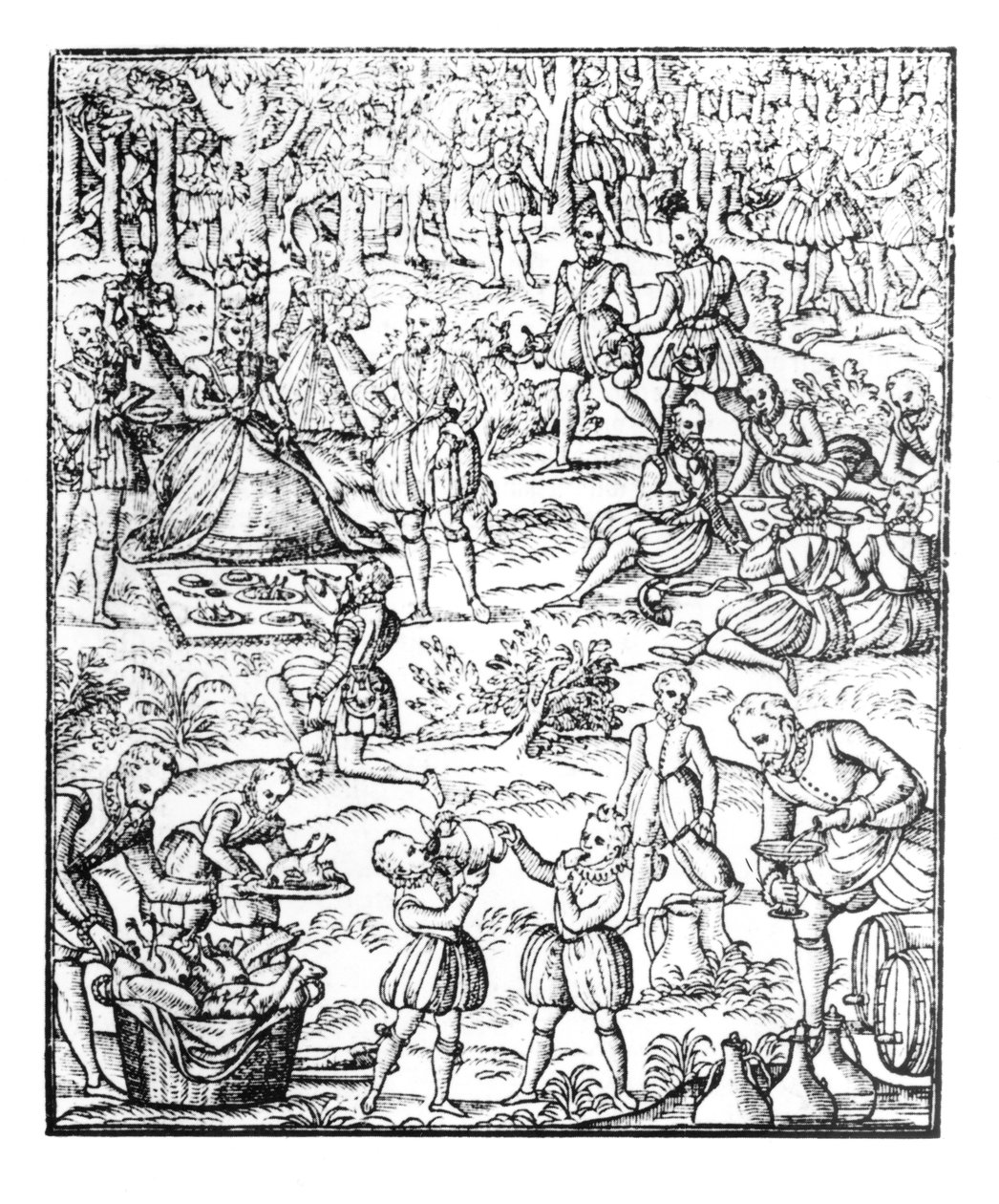 Królowa Elżbieta I (1533-1603) na pikniku myśliwskim, płyta z "Noble Art of Venerie and Hunting" George