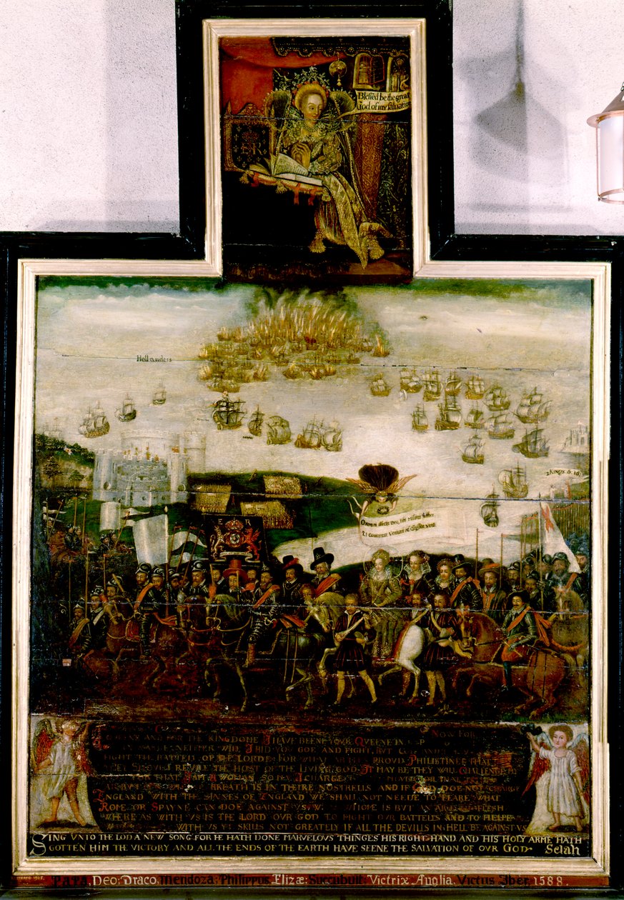 Królowa Elżbieta I przybywająca do Tilbury i angielska klęska hiszpańskiej Armady w 1588 r. (olej na panelu) autorstwa English School