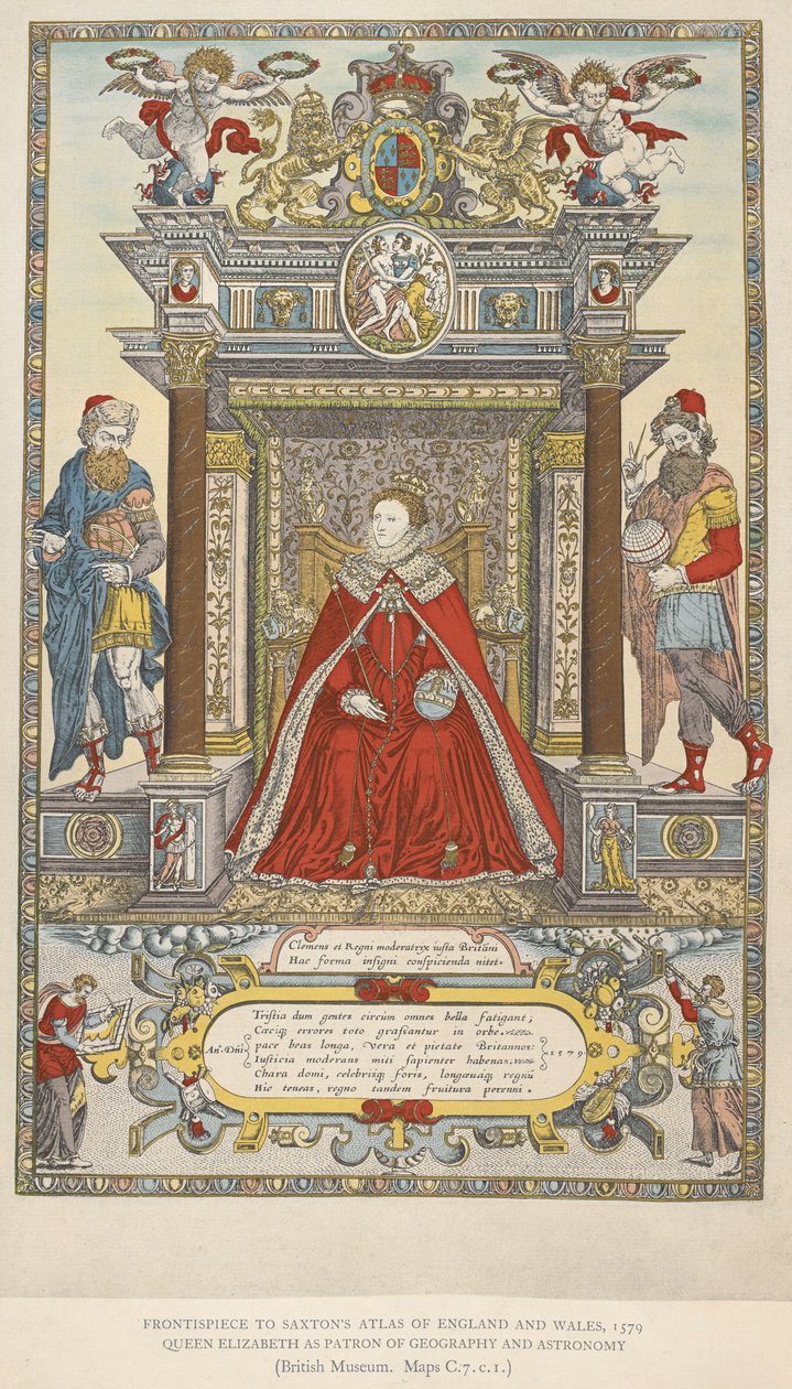 Królowa Elżbieta jako patronka geografii i astronomii. Frontyspis do atlasu Saxtona Anglii Walii z 1579 r. (kolor lito) autorstwa English School