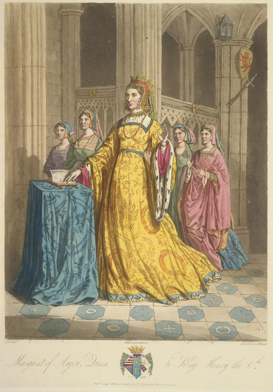 Królowa Małgorzata z Anjou, ilustracja z „Kostiumu pierwotnych mieszkańców Wysp Brytyjskich…” Sir Samuela Rusha Meyricka autorstwa English School