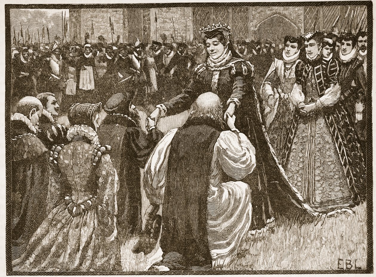 Queen Mary and the State Prisoners in the Tower, ilustracja z Cassells Illustrated History of England (zdjęcie w sepii) autorstwa English School