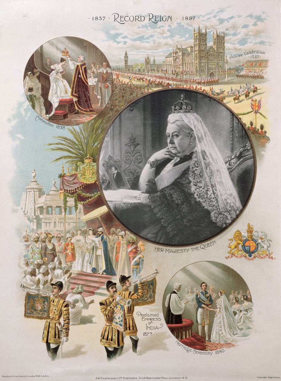 Królowa Wiktoria (1819-1901) przedstawiona w czasie jej Diamentowego Jubileuszu w 1897 r. wraz z niektórymi głównymi wydarzeniami w jej życiu, 1897 r. autorstwa English School