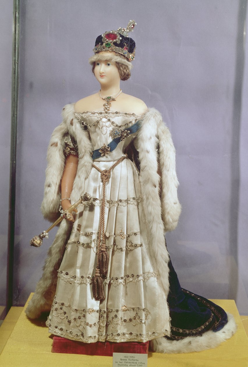 Lalka Królowa Wiktoria (1819-1901) ubrana w szaty koronacyjne, ok. 1840 (wosk) autorstwa English School