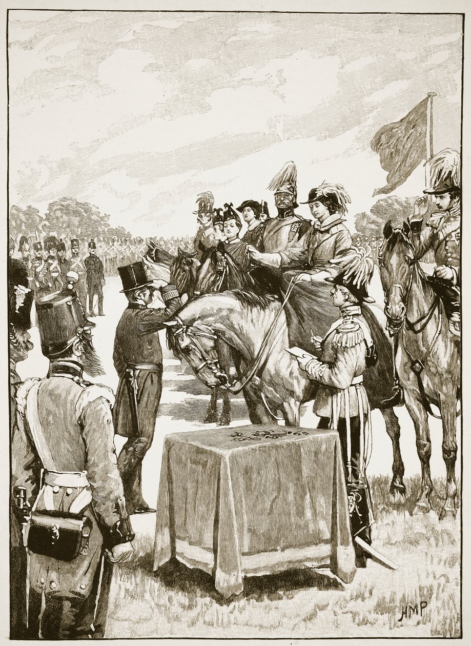 Królowa Wiktoria na pierwszej prezentacji Krzyża Wiktorii, ilustracja z Cassells Illustrated History of England (zdjęcie w sepii) autorstwa English School
