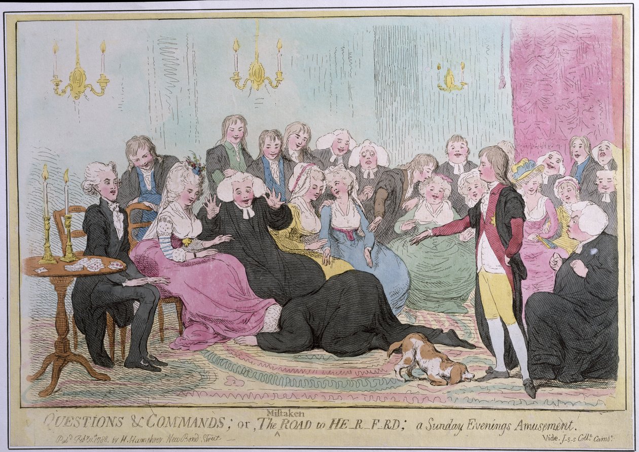 Pytania i polecenia, czyli The Mistaken Road to H-r-f-rd: a Sunday Evenings Amusement, wydana przez Hannah Humphrey w 1788 r. (akwaforta ręcznie kolorowana) autorstwa English School