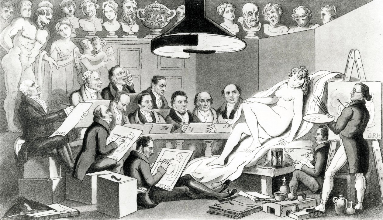 R. A.s of Genius zastanawiający się nad prawdziwą linią Beauty at the Life Academy Somerset House, opublikowane przez Sherwood, Jones & Co., 1824 autorstwa English School