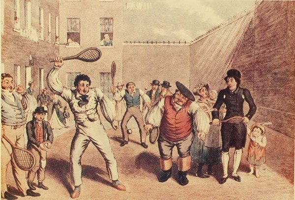 Rakiety na ławce króla, ilustracja z „London Life”, wyd. c.1807 (lito) autorstwa English School