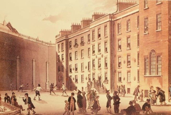 Rakiety w więzieniu floty, ilustracja z „London Life”, wyd. 1809 (lito) autorstwa English School