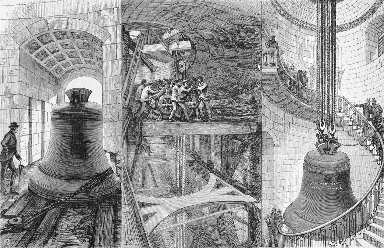Podniesienie Wielkiego Dzwonu w wieży katedry św. Pawła, z The Illustrated London News, 3 czerwca 1882 r. autorstwa English School