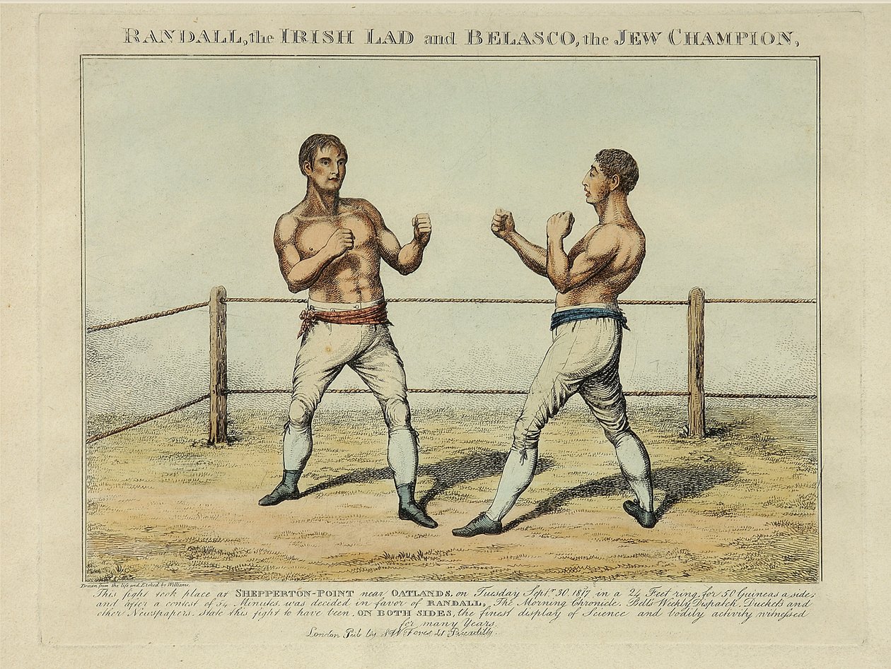 Randall, Irlandczyk i Belasco, Żydowski Mistrz, wyryte przez Williamsa (akwaforta kolorowa) autorstwa English School