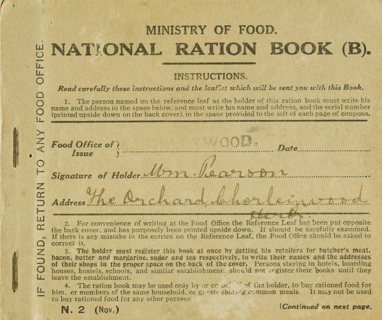 Racje żywnościowe dla Williama Pearsona, Chorleywood, Hertfordshire, 1919 (druk) autorstwa English School