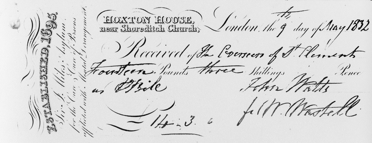 Potwierdzenie zapłaty otrzymane przez azyl Sir Jonathana Milesa w Hoxton House, 1832 (atrament na zadrukowanym papierze) autorstwa English School