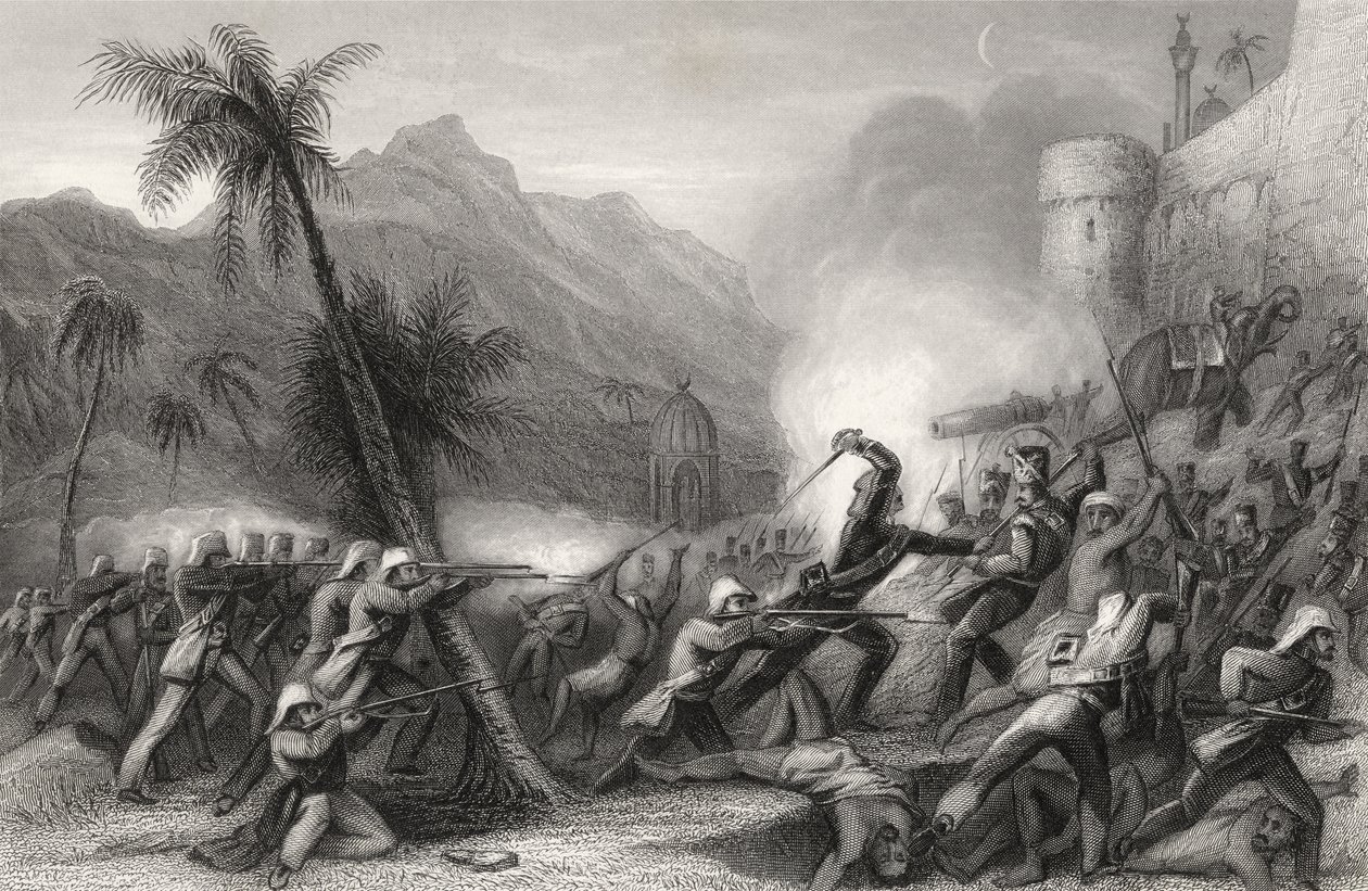 Odpieranie ataku przed Delhi, z "Historii buntu indyjskiego", opublikowanej w 1858 r. autorstwa English School