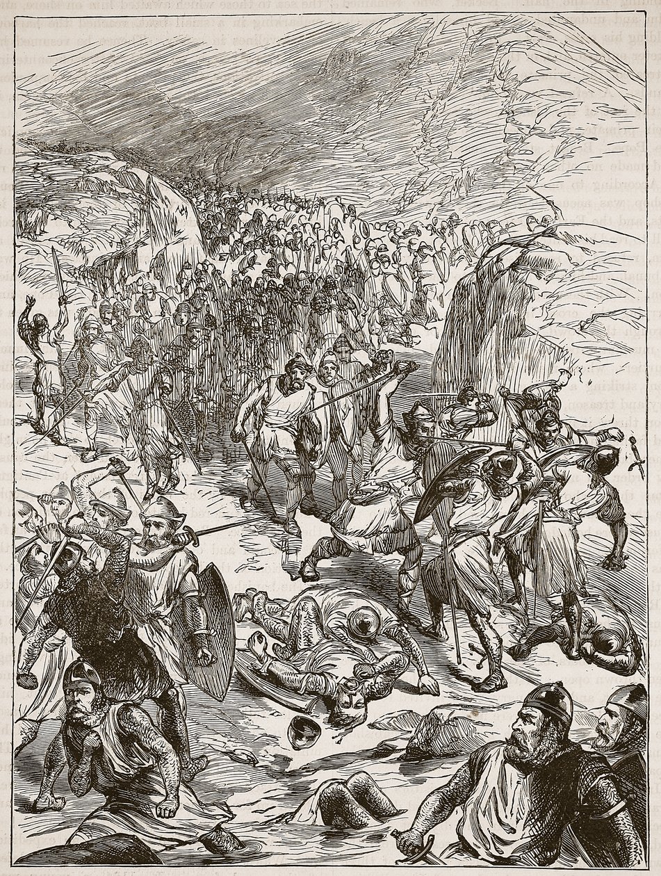 Odepchnięcie Anglików w Corwen, ilustracja z Cassells Illustrated History of England (zdjęcie w sepii) autorstwa English School