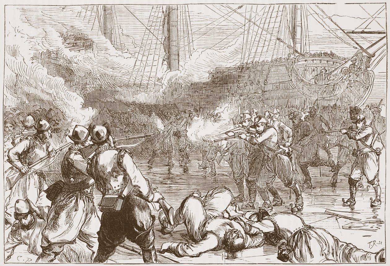 Odparcie hiszpańskich żołnierzy pod Amsterdamem, ilustracja z Historii protestantyzmu Jamesa Aitkena Wylie (1808-1890), wyd. 1878 autorstwa English School
