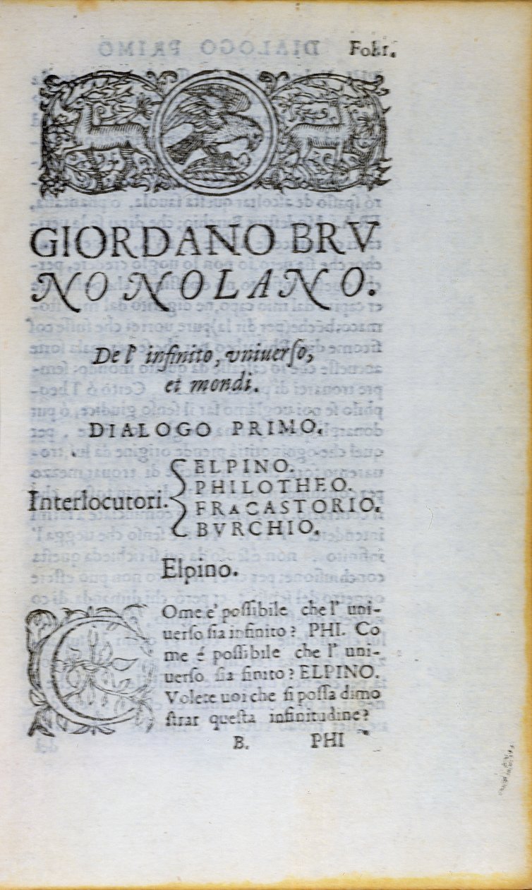 Res 28610 Pierwsza strona De lInfinito Universo et Mondi Giordano Bruno, wydanej w Londynie, 1584 (druk) autorstwa English School
