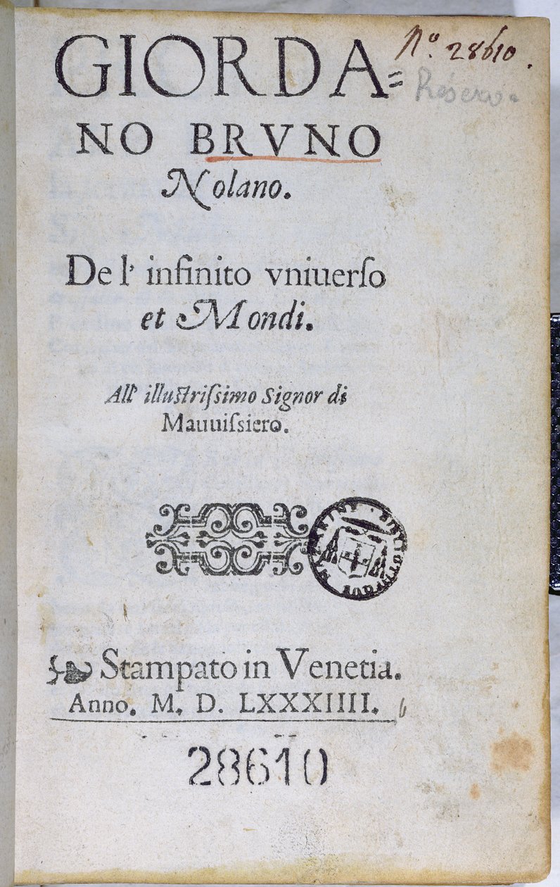 Res 28610 Strona tytułowa De lInfinito Universo et Mondi Giordano Bruno, wydanej w Londynie, 1584 (druk) autorstwa English School