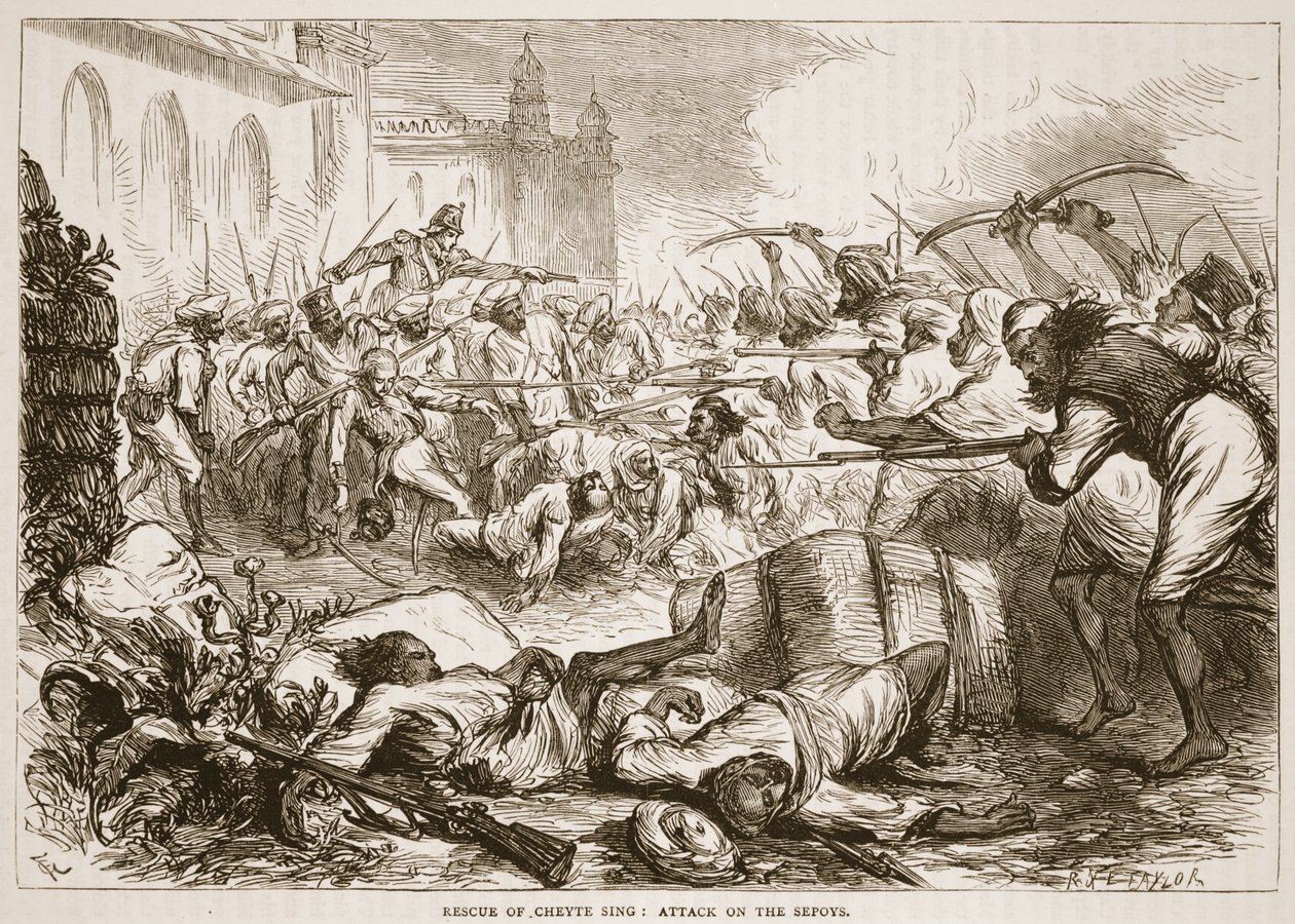 Rescue of Cheyte Sing: atak na sipajów, ilustracja z Cassells Illustrated History of India autorstwa Jamesa Granta, wyd. 1879 autorstwa English School