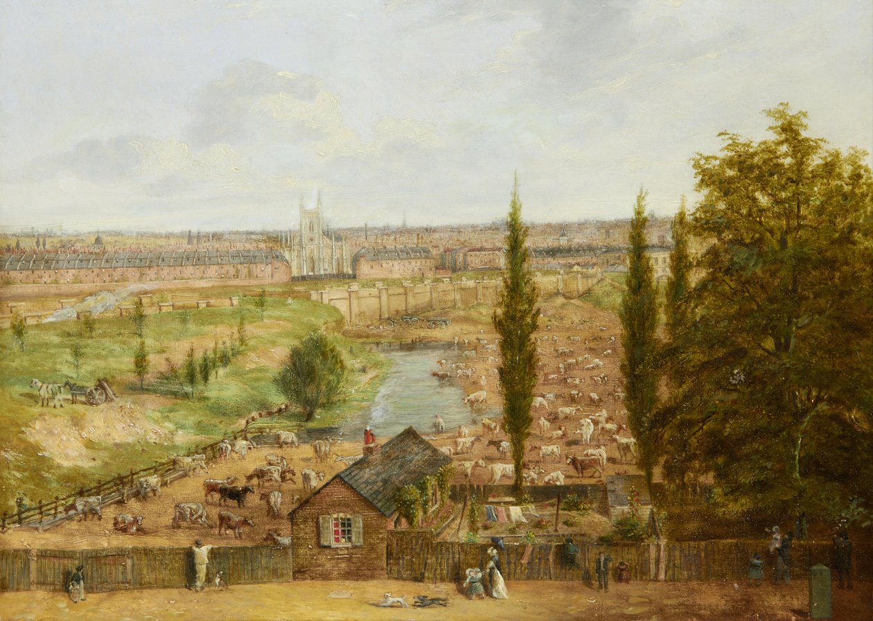 Rhobess Farm w 1844 r. (obecnie Ampthill Square w Camden w Londynie); widnieje napis „Wszystko, co pozostało w roku 1844 z niegdyś sławnej Rhobess Farm Hampstead Road, obecnie Ampthill Square” (na etykiecie verso); olej na desce; 33x45,5 cm autorstwa English School