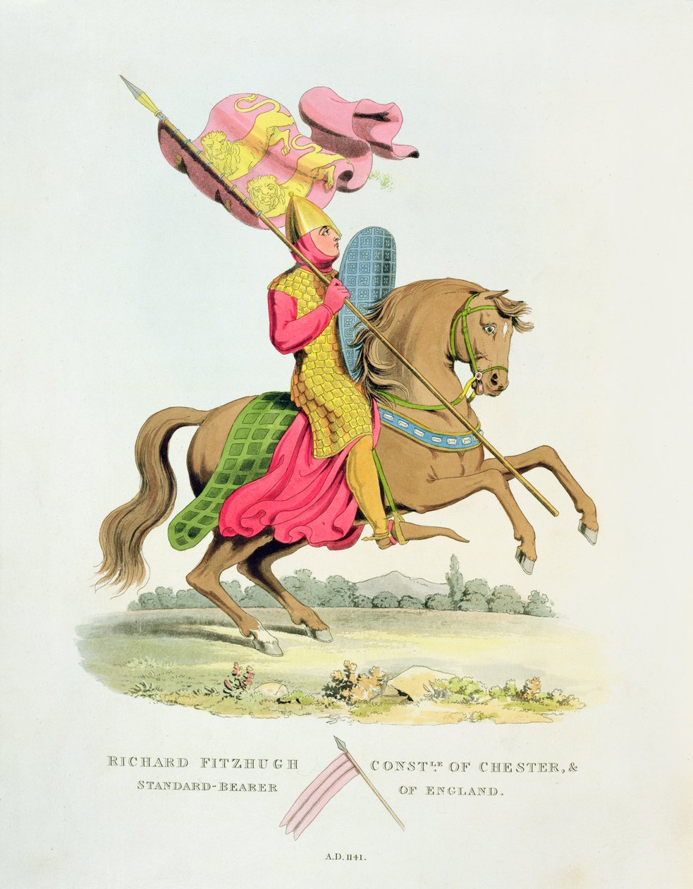 Richard Fitzhugh, Constable of Chester and Standard-Bearer of England, 1141, ze starożytnej zbroi Samuela Rusha Meyricka, 1824 autorstwa English School