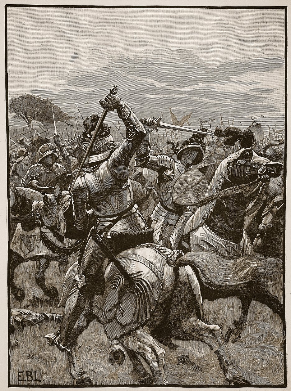 Ryszard III w bitwie pod Bosworth, ilustracja z Cassells Illustrated History of England (zdjęcie w sepii) autorstwa English School