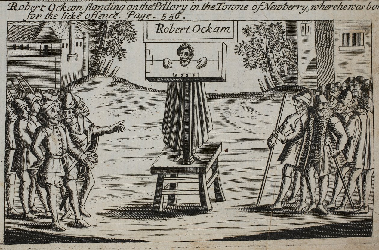 Robert Ockam stojący na pręgierzu w miejscowości Newberry, gdzie się urodził, ilustracja z Dziejów i zabytków Johna Foxe