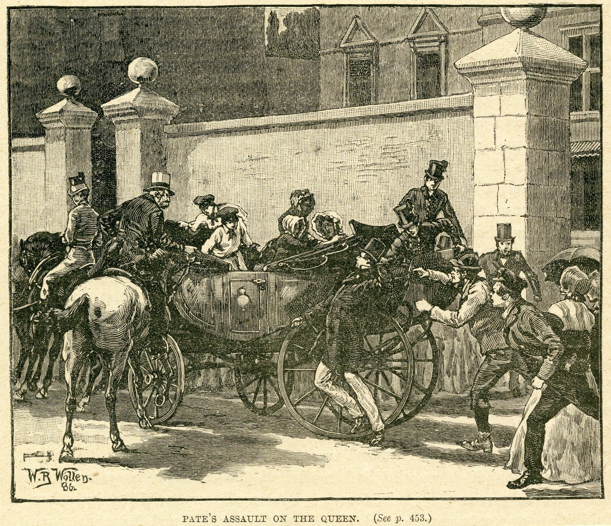 Robert Pates uderzając królową przed Cambridge House, ilustracja zaczerpnięta z Życie i czasy królowej Wiktorii, tom. II autorstwa Roberta Wilsona, 1888 autorstwa English School