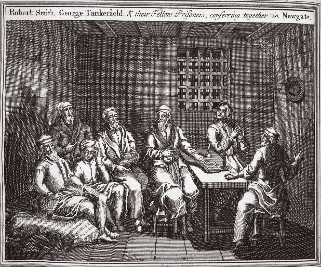 Robert Smith, George Tankerfield i ich współwięźniowie, naradzający się razem w Newgate, ilustracja z Foxes Martyrs c.1703 autorstwa English School