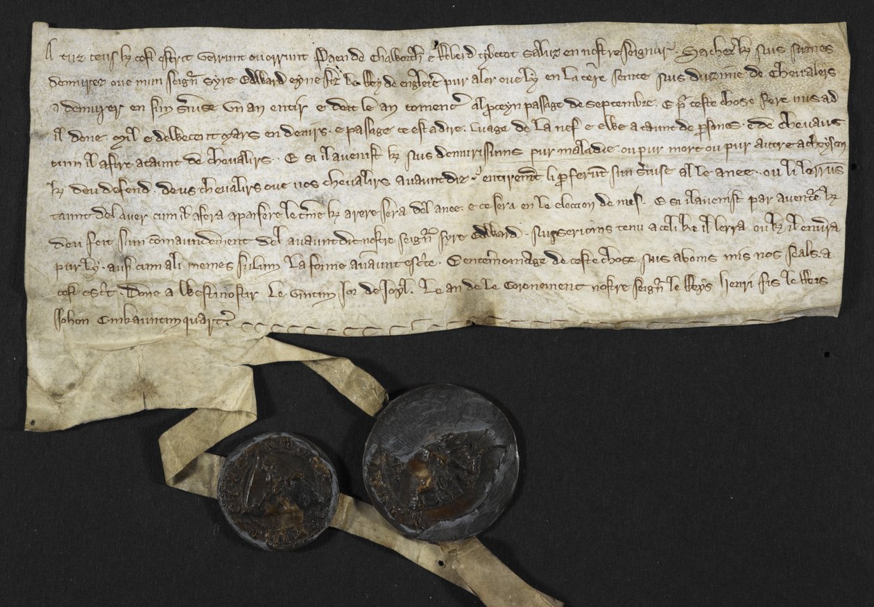 Robert Tybetot: Zobowiązanie do służby w Ziemi Świętej: 1270. Paen de Chaworth: Zobowiązanie do służby w Ziemi Świętej: 1270 (atrament na pergaminie) autorstwa English School