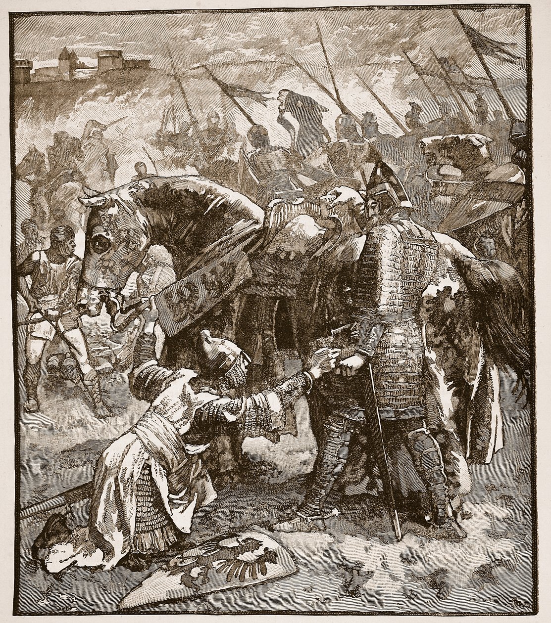 Robert proszący ojca o ułaskawienie, ilustracja z Cassells Illustrated History of England (zdjęcie w sepii) autorstwa English School