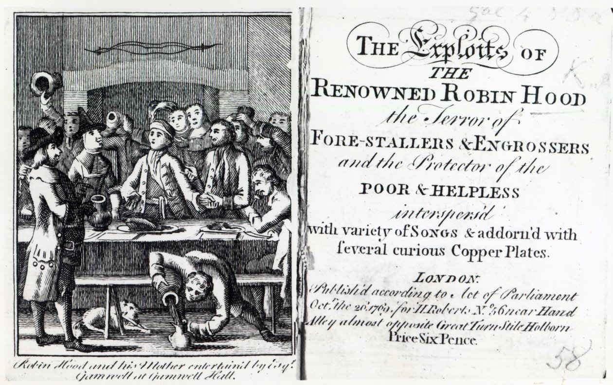 Robin Hood i jego matka zabawiane przez Esq Gamnella w Gamnell Hall, frontyspis do „Wyczynów sławnego Robin Hooda”, opublikowanego 1769 (druk) autorstwa English School
