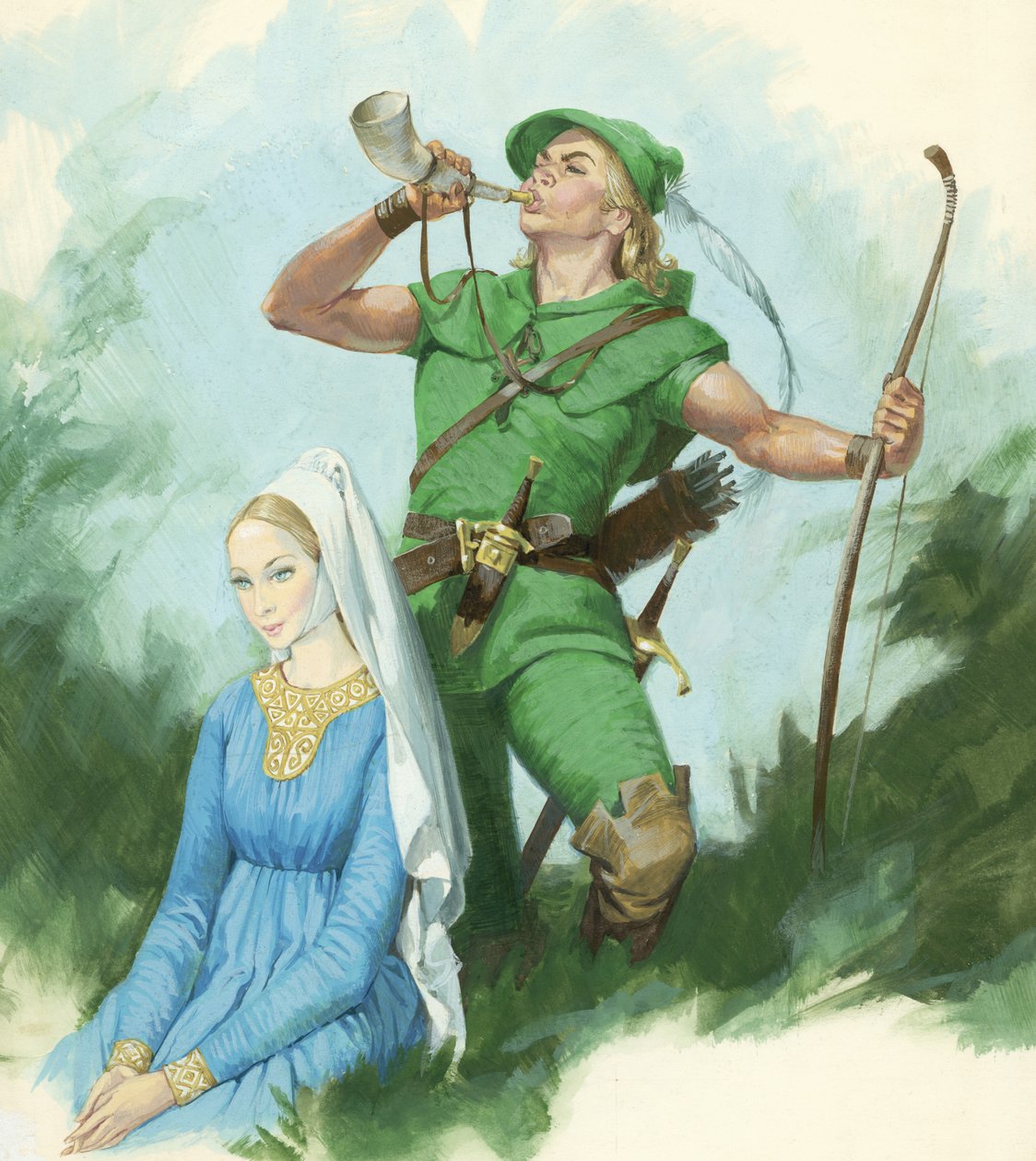 Robin Hood dmący w róg (gwasz na papierze) autorstwa English School