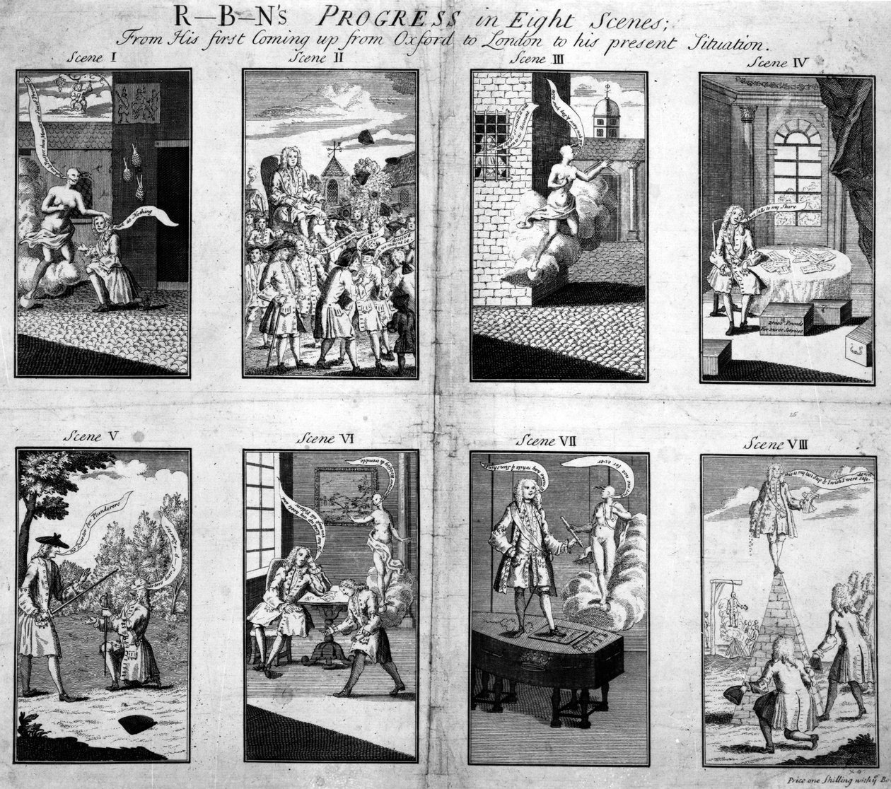 Robins Progress w ośmiu scenach, od pierwszego przybycia z Oksfordu do Londynu do obecnej sytuacji, 1733 autorstwa English School