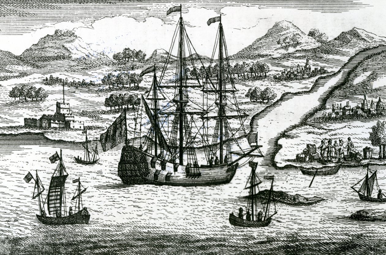 Robinson Crusoe ucieka z Kambodży wchodzi do portu w północnej części Chin autorstwa English School
