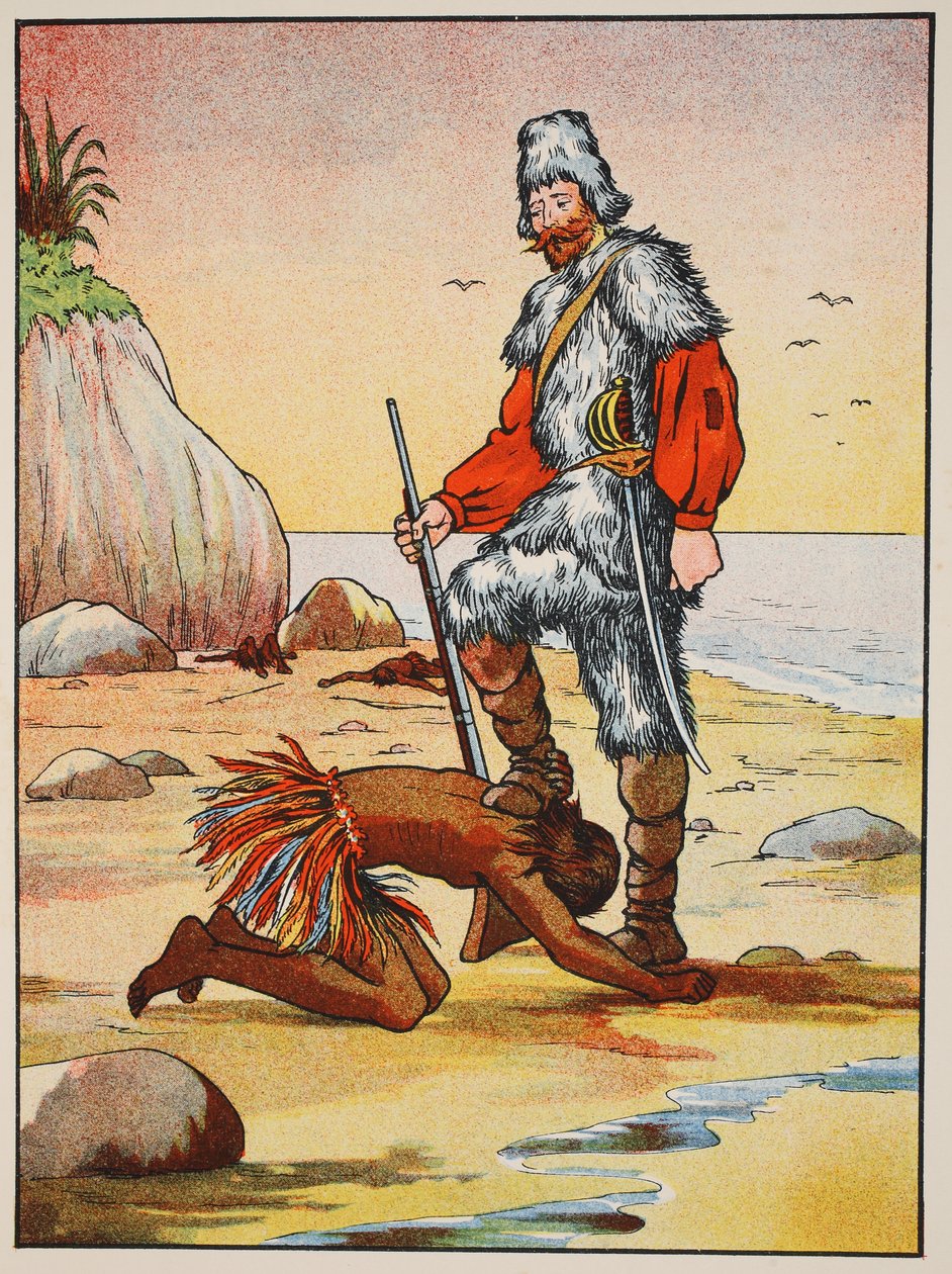 Robinson Crusoe i piątek, ilustracja z The Story of Robinson Crusoe: Adaptacja dla dzieci posługujących się językiem Defoes, wyd. przez Griffith Farran Browne & Co. Limited, Londyn autorstwa English School
