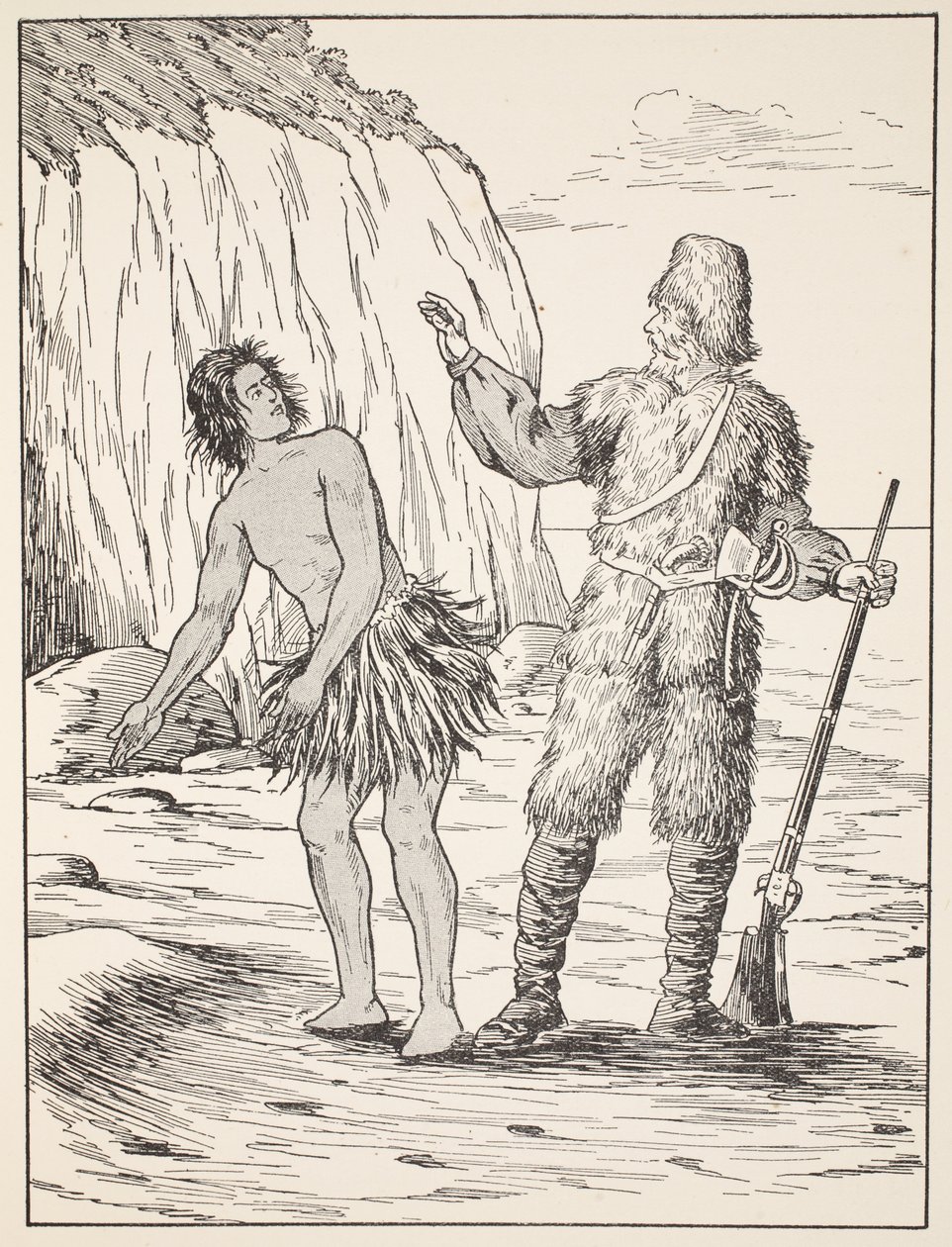 Robinson Crusoe i piątek, ilustracja z The Story of Robinson Crusoe: Adaptacja dla dzieci posługujących się językiem Defoes, wyd. przez Griffith Farran Browne & Co. Limited, Londyn autorstwa English School