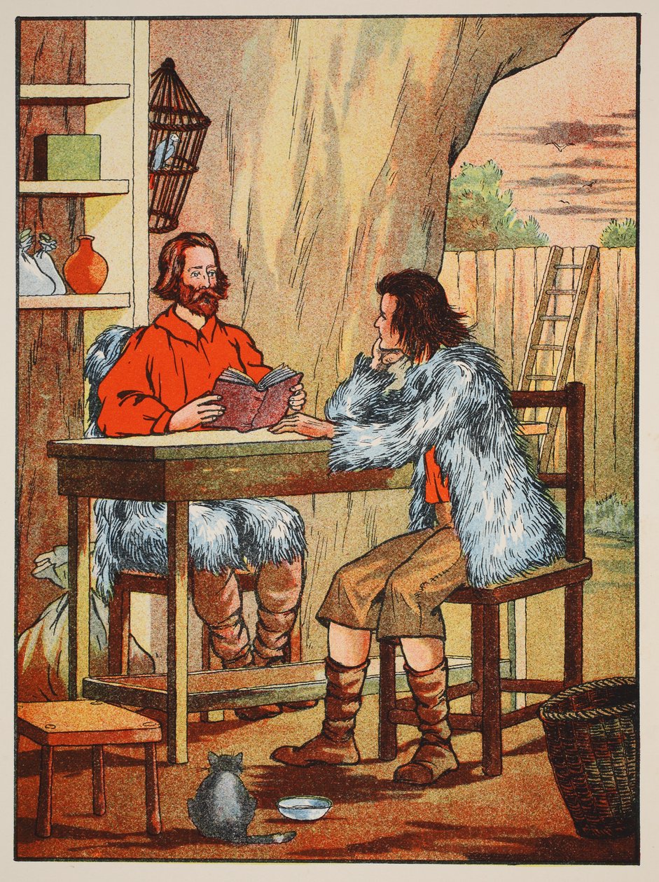 Robinson Crusoe i piątek, ilustracja z The Story of Robinson Crusoe: Adaptacja dla dzieci posługujących się językiem Defoes, wyd. przez Griffith Farran Browne & Co. Limited, Londyn autorstwa English School