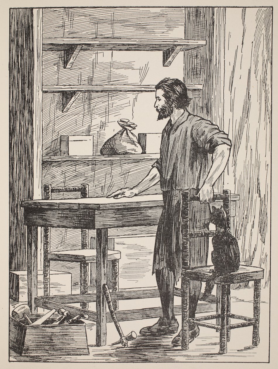 Robinson Crusoe buduje stół i krzesła do swojej jaskini, ilustracja z The Story of Robinson Crusoe: Adaptacja dla dzieci posługujących się językiem Defoes, wyd. autor: Griffith Farran Browne & Co. Limit autorstwa English School