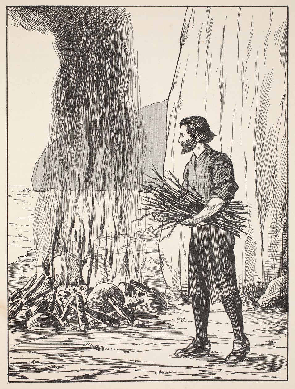 Gotowanie Robinsona Crusoe, ilustracja z The Story of Robinson Crusoe: Adaptacja dla dzieci posługujących się językiem Defoes, wyd. przez Griffith Farran Browne & Co. Limited, Londyn autorstwa English School