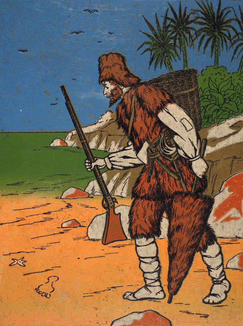 Robinson Crusoe, ilustracja z The Story of Robinson Crusoe: Adaptacja dla dzieci posługujących się językiem Defoes, wyd. przez Griffith Farran Browne & Co. Limited, Londyn autorstwa English School