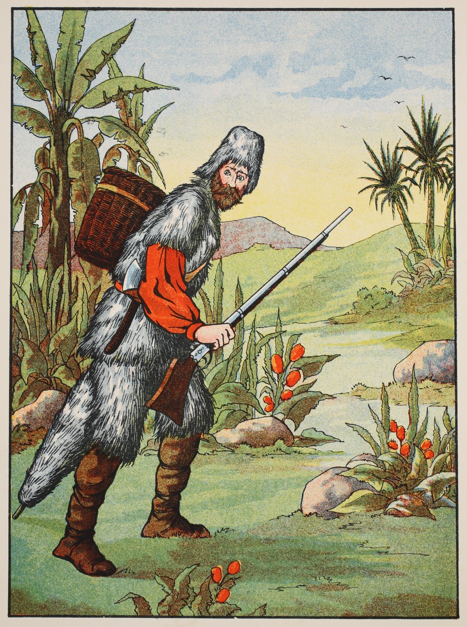 Robinson Crusoe, ilustracja z The Story of Robinson Crusoe: Adaptacja dla dzieci posługujących się językiem Defoes, wyd. przez Griffith Farran Browne & Co. Limited, Londyn autorstwa English School