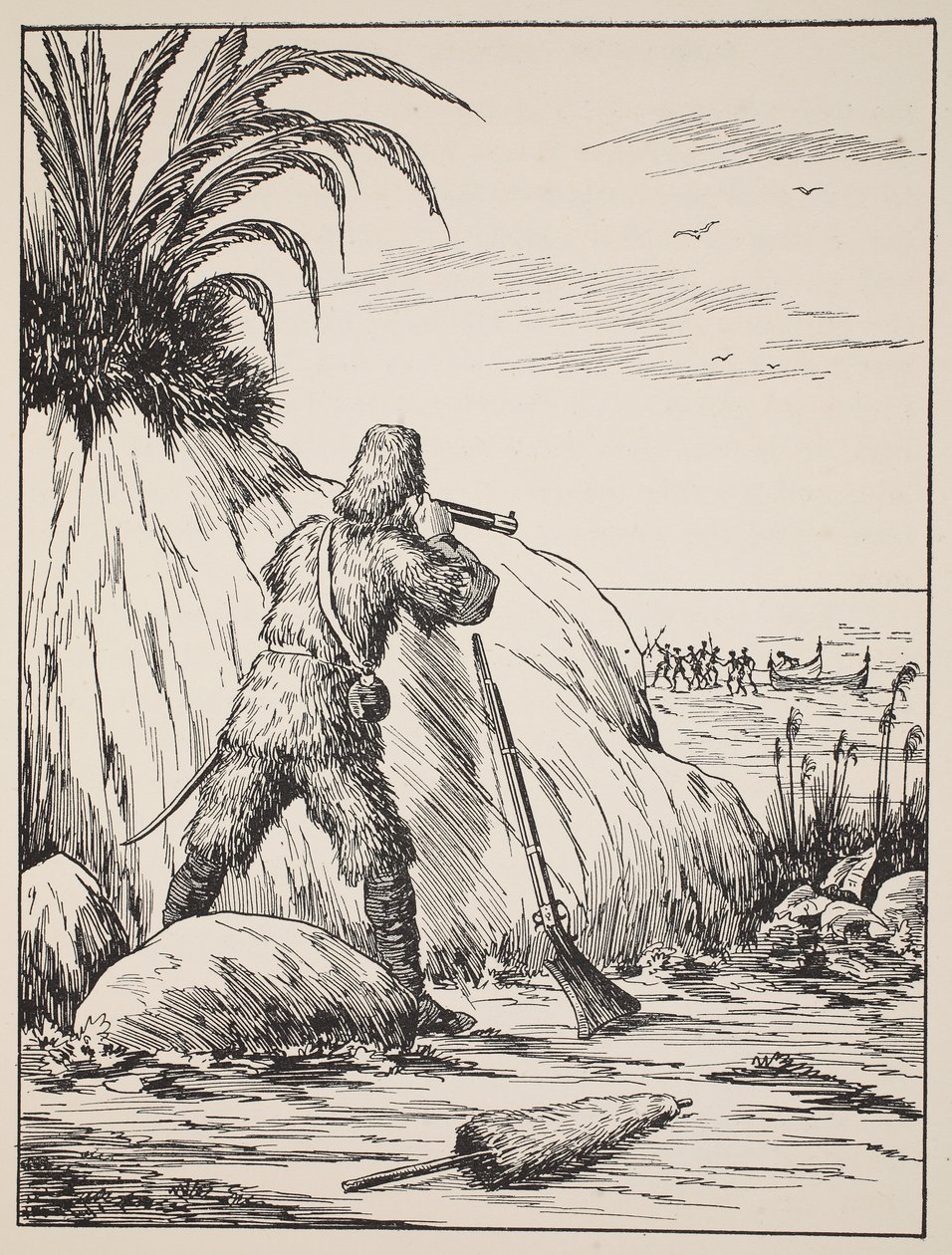 Robinson Crusoe, ilustracja z The Story of Robinson Crusoe: Adaptacja dla dzieci posługujących się językiem Defoes, wyd. przez Griffith Farran Browne & Co. Limited, Londyn autorstwa English School