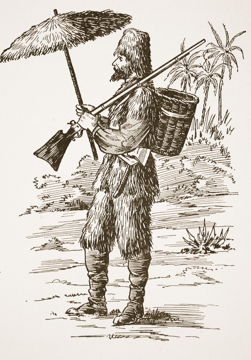 Robinson Crusoe, ilustracja z The Story of Robinson Crusoe: Adaptacja dla dzieci posługujących się językiem Defoes, wyd. przez Griffith Farran Browne & Co. Limited, Londyn autorstwa English School
