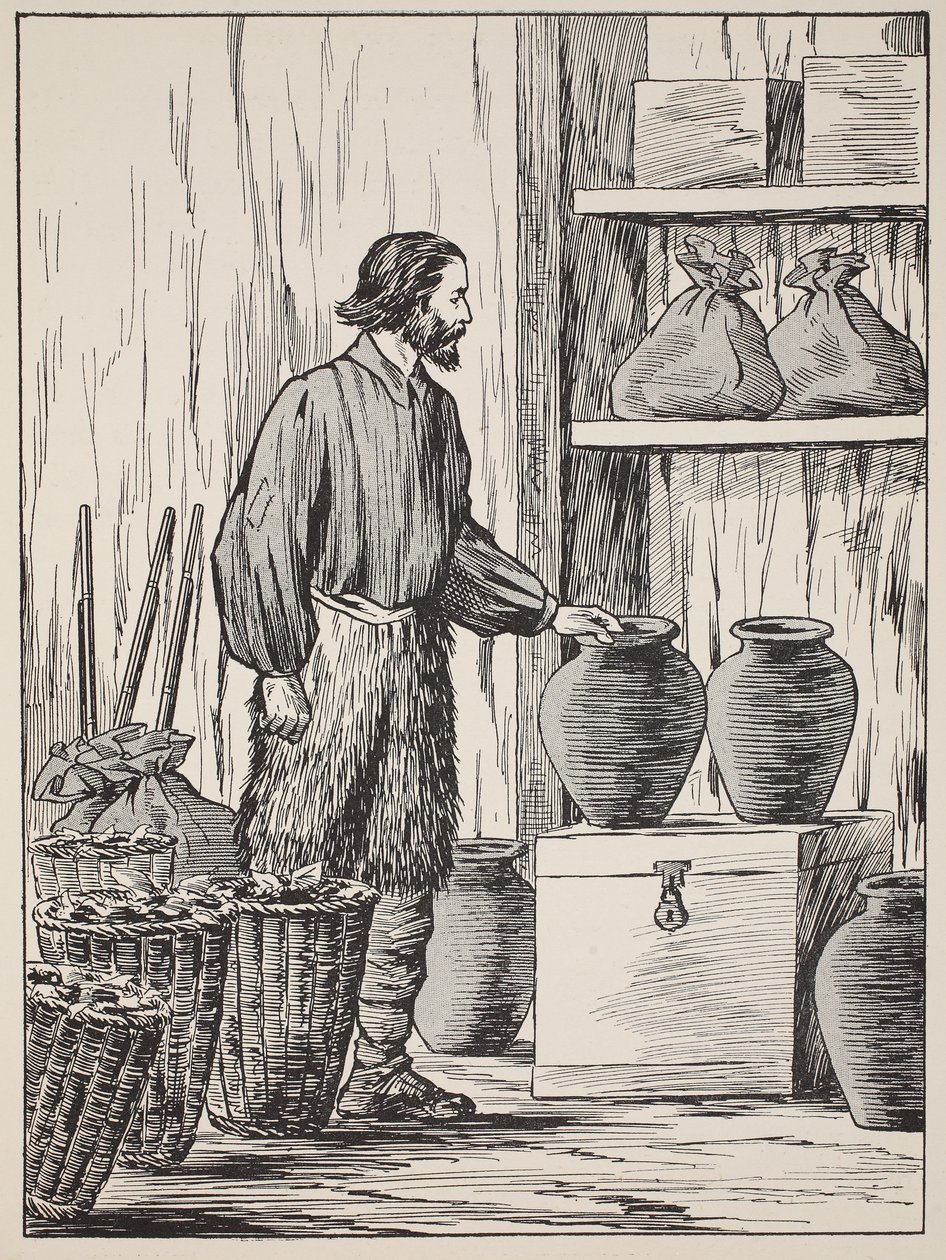 Robinson Crusoe w swoim magazynie, ilustracja z The Story of Robinson Crusoe: Adaptacja dla dzieci posługujących się językiem Defoes, wyd. przez Griffith Farran Browne & Co. Limited, Londyn autorstwa English School