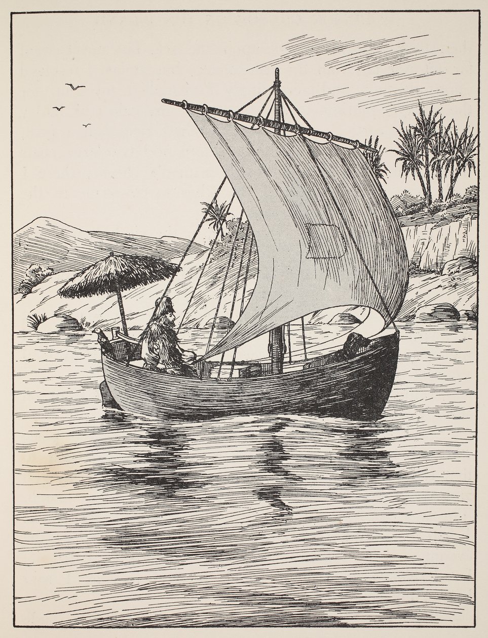 Robinson Crusoe na swojej łodzi, ilustracja z The Story of Robinson Crusoe: Adaptacja dla dzieci posługujących się językiem Defoes, wyd. przez Griffith Farran Browne & Co. Limited, Londyn autorstwa English School