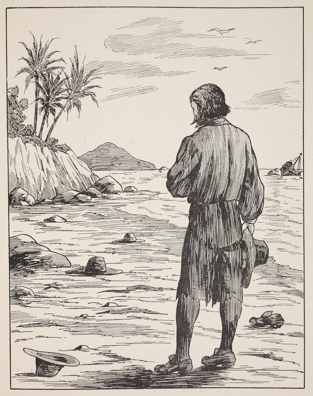 Robinson Crusoe na swojej wyspie, ilustracja z The Story of Robinson Crusoe: Adaptacja dla dzieci posługujących się językiem Defoes, wyd. przez Griffith Farran Browne & Co. Limited, Londyn autorstwa English School