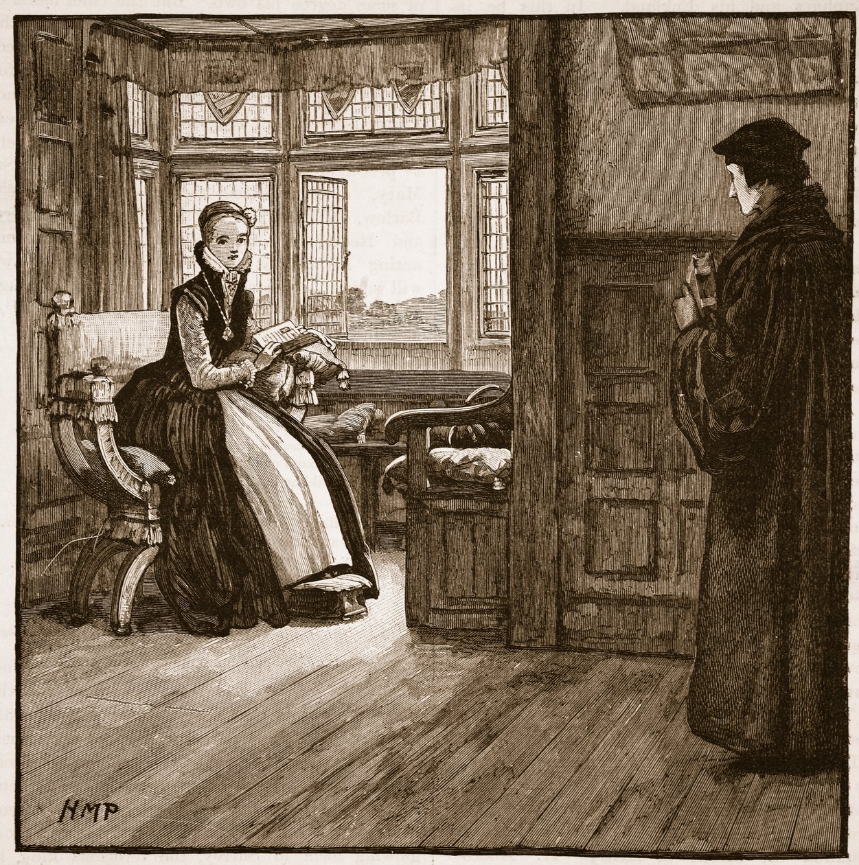 Wizyta Rogera Aschama u Lady Jane Grey, ilustracja z Ilustrowanej Historii Anglii Cassella (zdjęcie w sepii) autorstwa English School