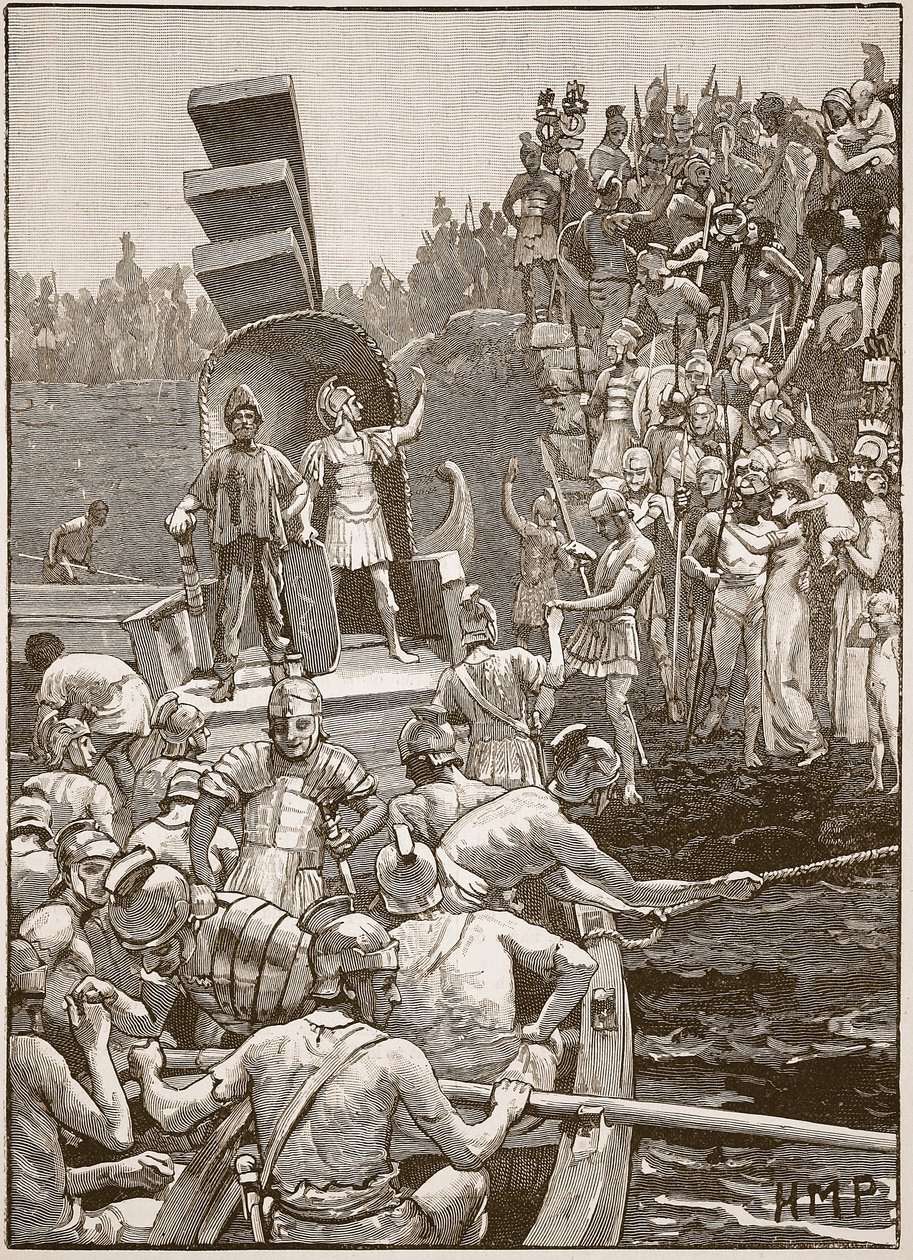 Rzymscy żołnierze opuszczający Brytanię, ilustracja z Cassells Illustrated History of England (zdjęcie w sepii) autorstwa English School